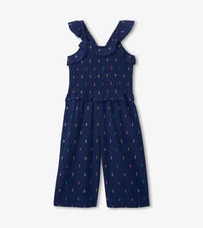 Hatley girls navy Pineapple Party romper with multicolor pineapple print and ruffled straps, front view