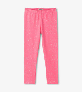 Hatley girls bright pink speckled leggings with picot elastic waist, front view