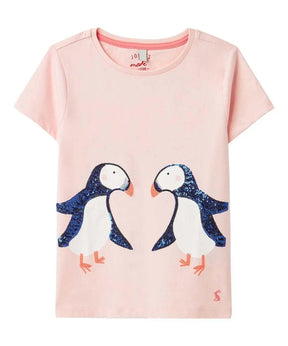 Joules Astra Pink Sequin Puffin T-Shirt: front view with two sequin puffins