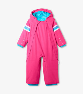 Hatley pink toddler Snowday suit with striped sleeves and dual zippers, front view