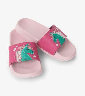 Pair of Hatley Playful Horses slide sandals with pink straps and teal embroidered horse motifs
