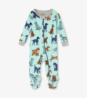 Hatley mint baby footed coverall with brown navy and grey puppy print and front zipper