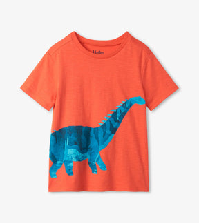 Hatley boys coral-orange cotton tee with large blue dinosaur graphic, front view
