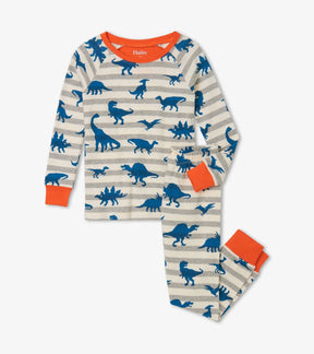 Front view of Hatley Prehistoric Dinos boys' pajama set with blue dinosaurs, gray stripes and orange cuffs.