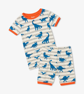 Front view of Hatley Prehistoric Dinos boys' short pajama set with blue dinosaurs, gray stripes and orange trim.