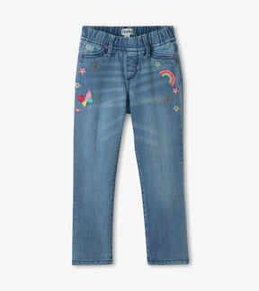 Hatley girls blue stretch denim jeans with rainbow butterfly and floral patches, front view