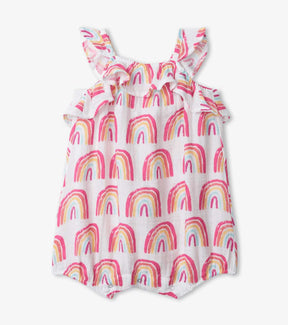 Hatley white Pretty Rainbows baby bubble romper with ruffled straps, front view