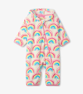 Hatley white fuzzy fleece baby bundler with colorful rainbows, front zipped view