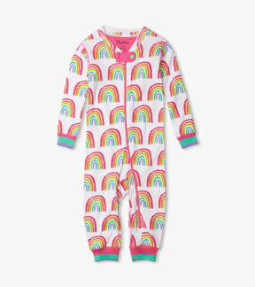 Front view of Hatley Pretty Rainbows baby coverall in white with colorful arches, pink zipper and striped cuffs.