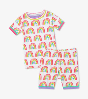 Hatley Pretty Rainbows short pajama top and shorts in off-white with multicolor print, front view