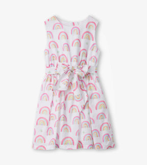 Front view of Hatley Pretty Rainbows white party dress with pastel print and bow sash