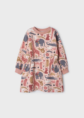 Front view of pink girls dress with allover illustrated animals
