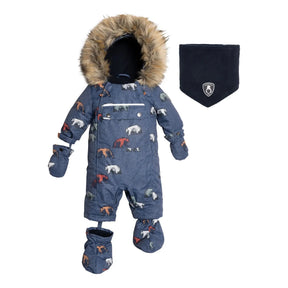 Deux par Deux baby navy grizzly-print one-piece snowsuit, main winter set view