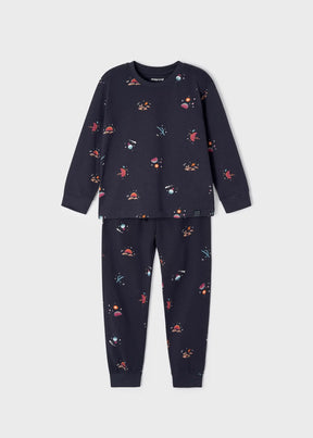 Front view of navy boys pajama set with allover space print