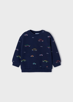 Front view of navy baby sweatshirt with colourful vehicle print