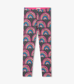 Front of Hatley charcoal gray leggings with pink, blue, coral and purple rainbow print