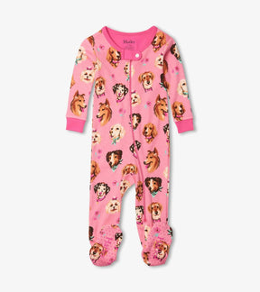 Hatley Puppy Portraits pink footed coverall with colorful dog faces, front view