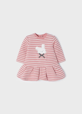 Front view of pink striped baby dress with bunny appliqué and bow