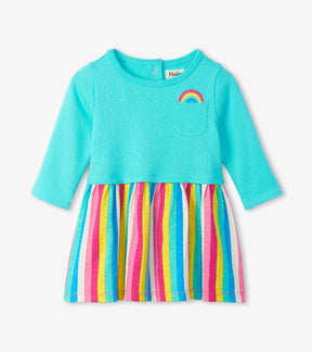 Hatley baby girls turquoise layered dress with rainbow patch and multicolor striped skirt, front view