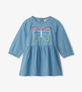 Hatley light blue denim baby dress with rainbow butterfly, front view