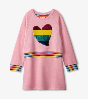 Front of Hatley pink Rainbow Heart rib dress with rainbow sequin heart and striped waist trim