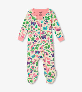 Front view of Hatley Rainbow Park footed baby coverall with birds, flowers, rainbows, pink trim and full zipper.