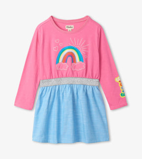 Hatley girls pink and blue Rainbow Shimmer dress with silver-tone elastic waist, front view