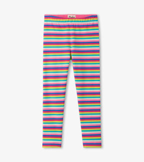 Hatley girls leggings with bright horizontal rainbow stripes, front view