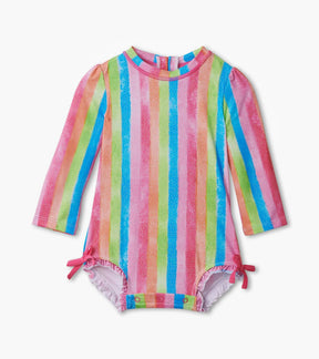 Front view of Hatley Rainbow Stripes baby rashguard swimsuit with long sleeves