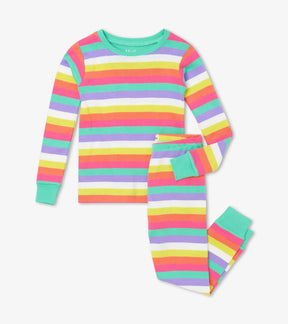 Front view of Hatley Rainbow Stripes girls' pajama set with pink, coral, yellow, white, purple and mint bands.