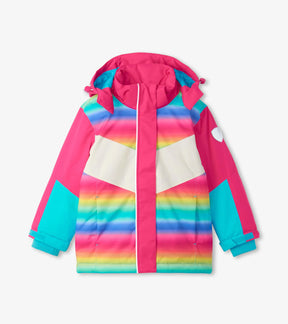 Hatley Rainbow Sunshine girls ski jacket in hot pink and turquoise stripes, front view
