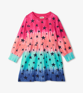 Hatley girls skater dress with pink coral mint blue tie dye and navy stars, front view