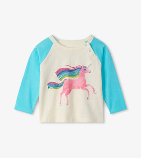 Hatley cream baby tee with aqua raglan sleeves and pink rainbow unicorn, front view