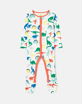 Joules Razamataz Cream Dinosaur Print Babygrow: front view of dinosaur-print babygrow