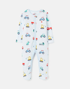 Joules Razamataz Blue Stripe Construction Babygrow: front view with construction vehicle print