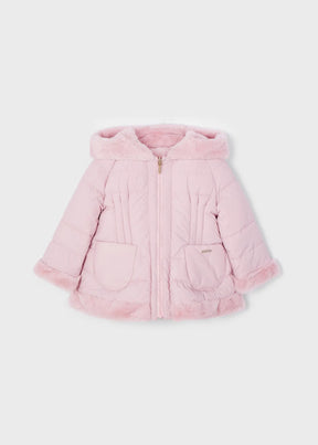 Front view of pale pink quilted baby jacket with faux-fur trim