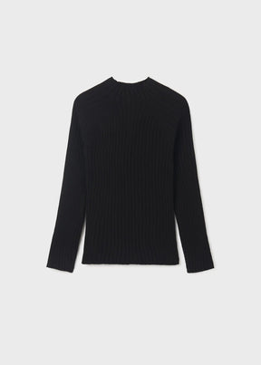 Front view of black girls ribbed high-neck long-sleeve top
