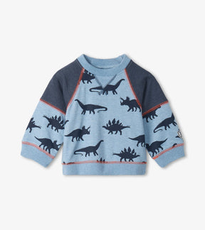 Hatley light blue baby pullover with navy dinosaur print and raglan sleeves, front view