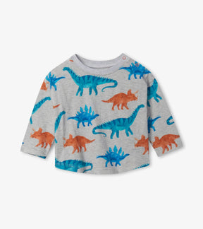 Hatley grey long sleeve baby tee with blue and orange dinosaur print, front view