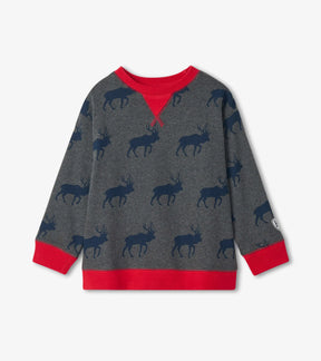 Hatley Roaming Elk grey pullover with navy elk print and red trim, front view