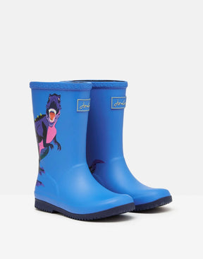 Joules Roll Up Blue T-Rex Printed Rain Boots: pair shown from front and side