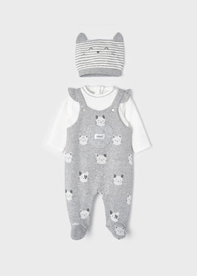 Front view of gray cat-print Mayoral romper with matching striped ear hat