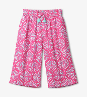 Hatley girls hot-pink Rose Stones culottes with aqua dot print, smocked waist and tassels, front view