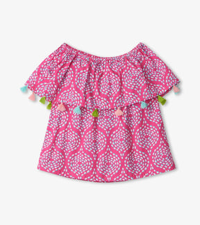Hatley pink Rose Stones flounce top with multicolor tassels, front view