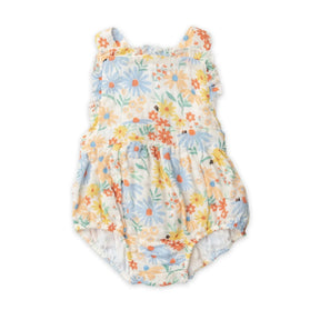 Angel Dear Coneflower cotton muslin ruffle bib sunsuit front view