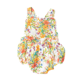 Angel Dear Garden Joy cotton muslin ruffle bib sunsuit front view