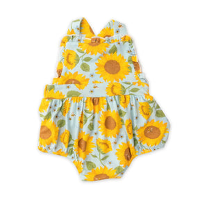 Angel Dear Sunflowers bamboo ruffle bib sunsuit for baby girls front view