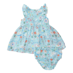 Angel Dear Floral Swans cotton muslin ruffle dress front view