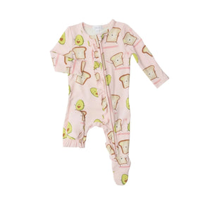 Angel Dear Avo Toast Pink bamboo ruffle zipper footie front view