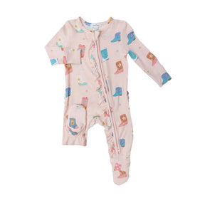 Angel Dear Cowboy Boots Pink bamboo ruffle zipper footie front view